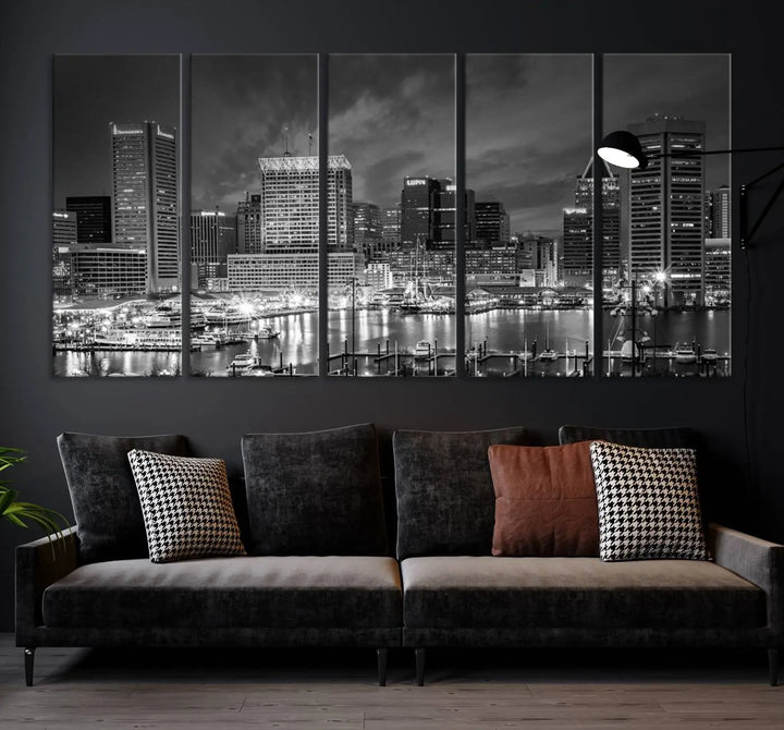 Baltimore City Lights Cloudy Skyline Black and White Wall Art Cityscape Canvas Print on display.