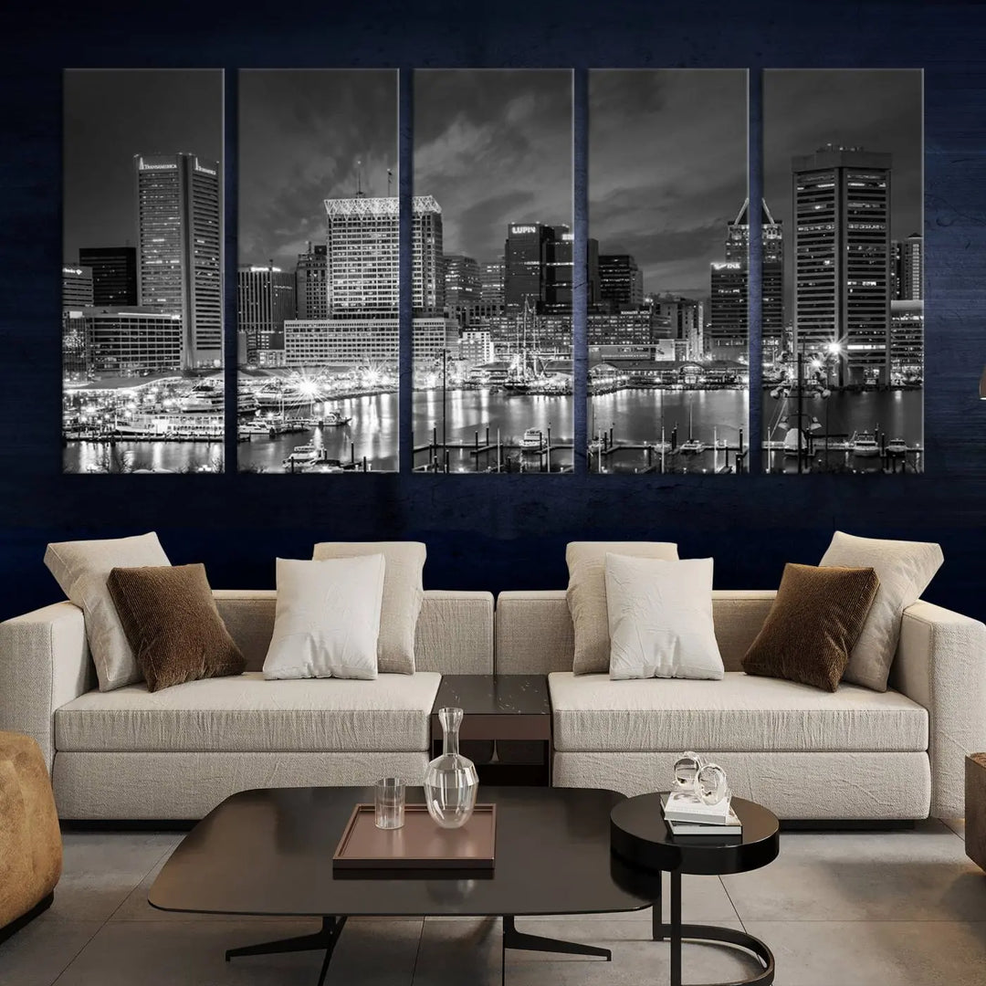 Baltimore City Lights Cloudy Skyline Black and White Wall Art Cityscape Canvas Print on display.