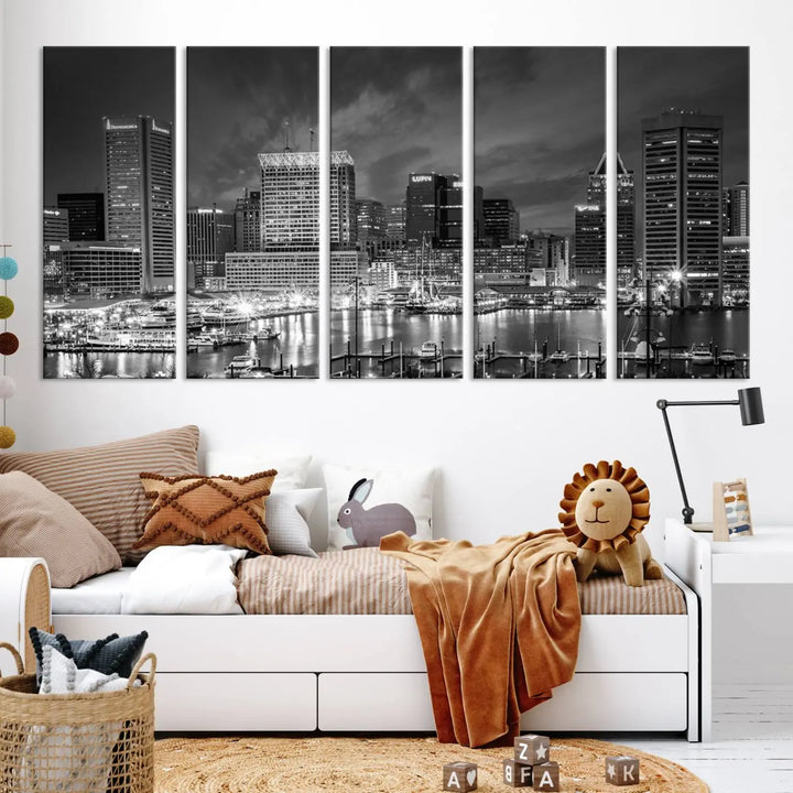 Baltimore City Lights Cloudy Skyline Black and White Wall Art Cityscape Canvas Print on display.