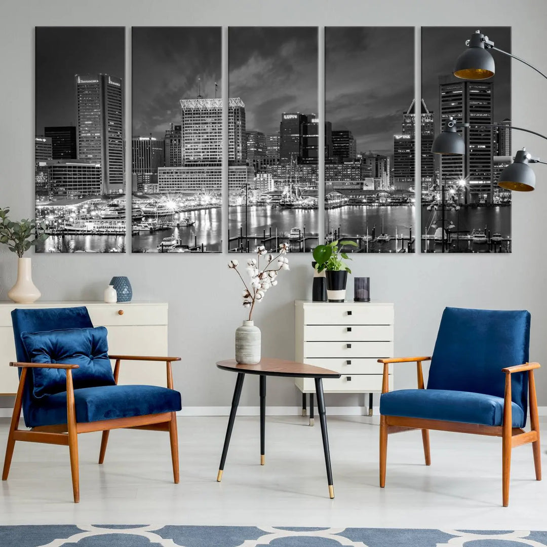 Baltimore City Lights Cloudy Skyline Black and White Wall Art Cityscape Canvas Print on display.