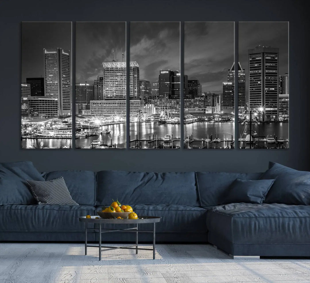 Baltimore City Lights Cloudy Skyline Black and White Wall Art Cityscape Canvas Print on display.