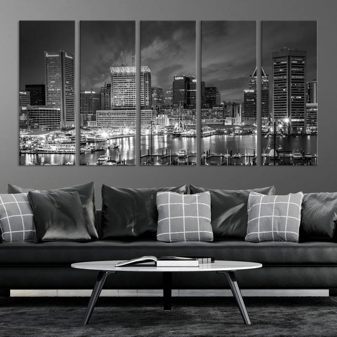 Baltimore City Lights Cloudy Skyline Black and White Wall Art Cityscape Canvas Print on display.