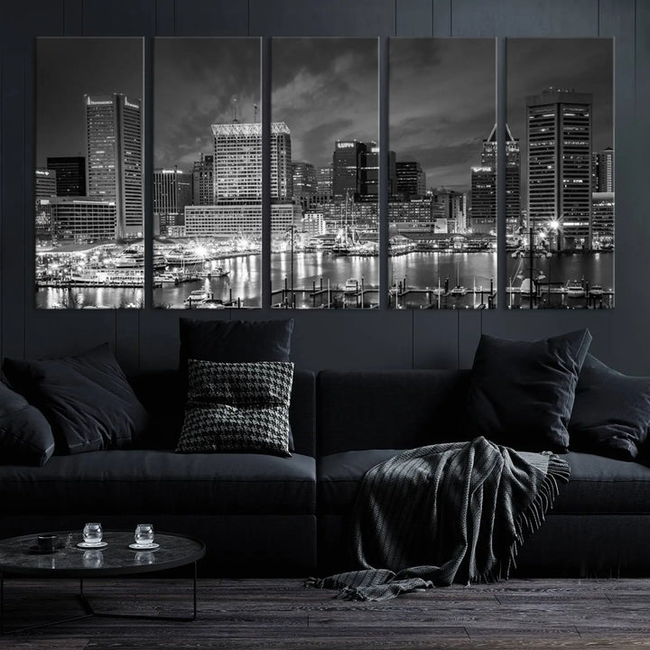 Baltimore City Lights Cloudy Skyline Black and White Wall Art Cityscape Canvas Print on display.