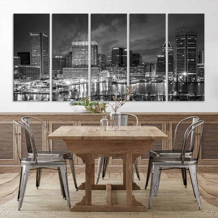 Baltimore City Lights Cloudy Skyline Black and White Wall Art Cityscape Canvas Print on display.