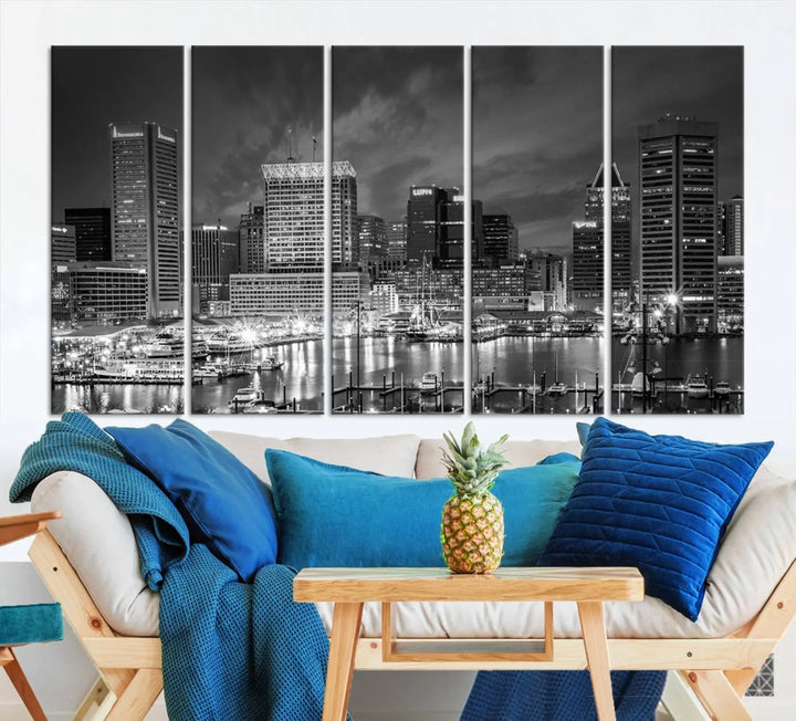 Baltimore City Lights Cloudy Skyline Black and White Wall Art Cityscape Canvas Print on display.