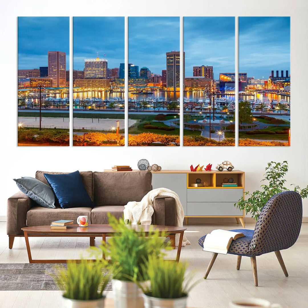 The living room features the "Baltimore City Lights Night Blue Cityscape View Wall Art Canvas Print" on museum-quality canvas. This gallery-wrapped piece includes a UV-protective coating, enhancing its cozy decor in warm, inviting tones.