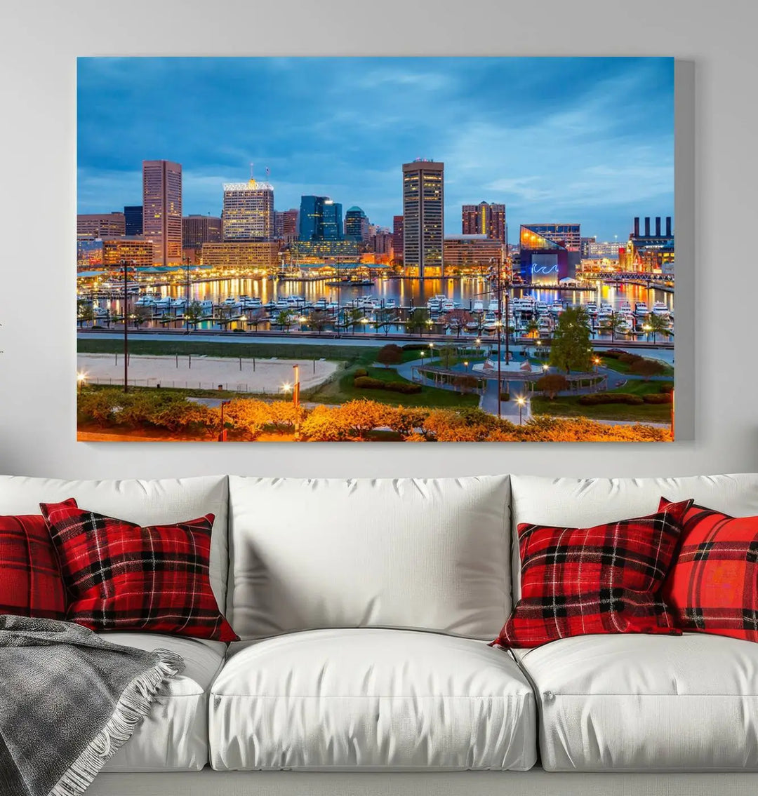 The living room features the "Baltimore City Lights Night Blue Cityscape View Wall Art Canvas Print" on museum-quality canvas. This gallery-wrapped piece includes a UV-protective coating, enhancing its cozy decor in warm, inviting tones.