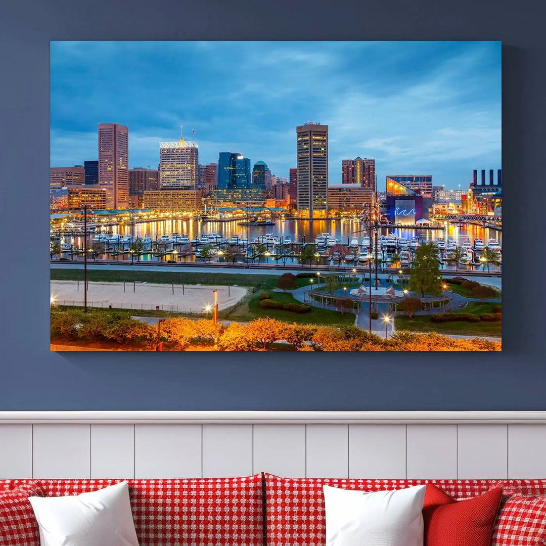 The living room features the "Baltimore City Lights Night Blue Cityscape View Wall Art Canvas Print" on museum-quality canvas. This gallery-wrapped piece includes a UV-protective coating, enhancing its cozy decor in warm, inviting tones.