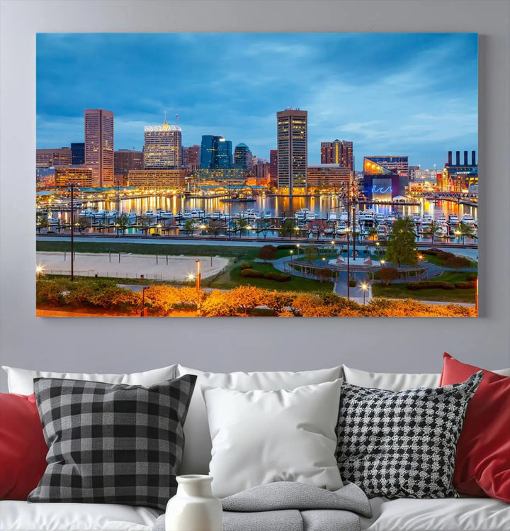 The living room features the "Baltimore City Lights Night Blue Cityscape View Wall Art Canvas Print" on museum-quality canvas. This gallery-wrapped piece includes a UV-protective coating, enhancing its cozy decor in warm, inviting tones.