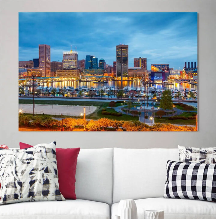 The living room features the "Baltimore City Lights Night Blue Cityscape View Wall Art Canvas Print" on museum-quality canvas. This gallery-wrapped piece includes a UV-protective coating, enhancing its cozy decor in warm, inviting tones.