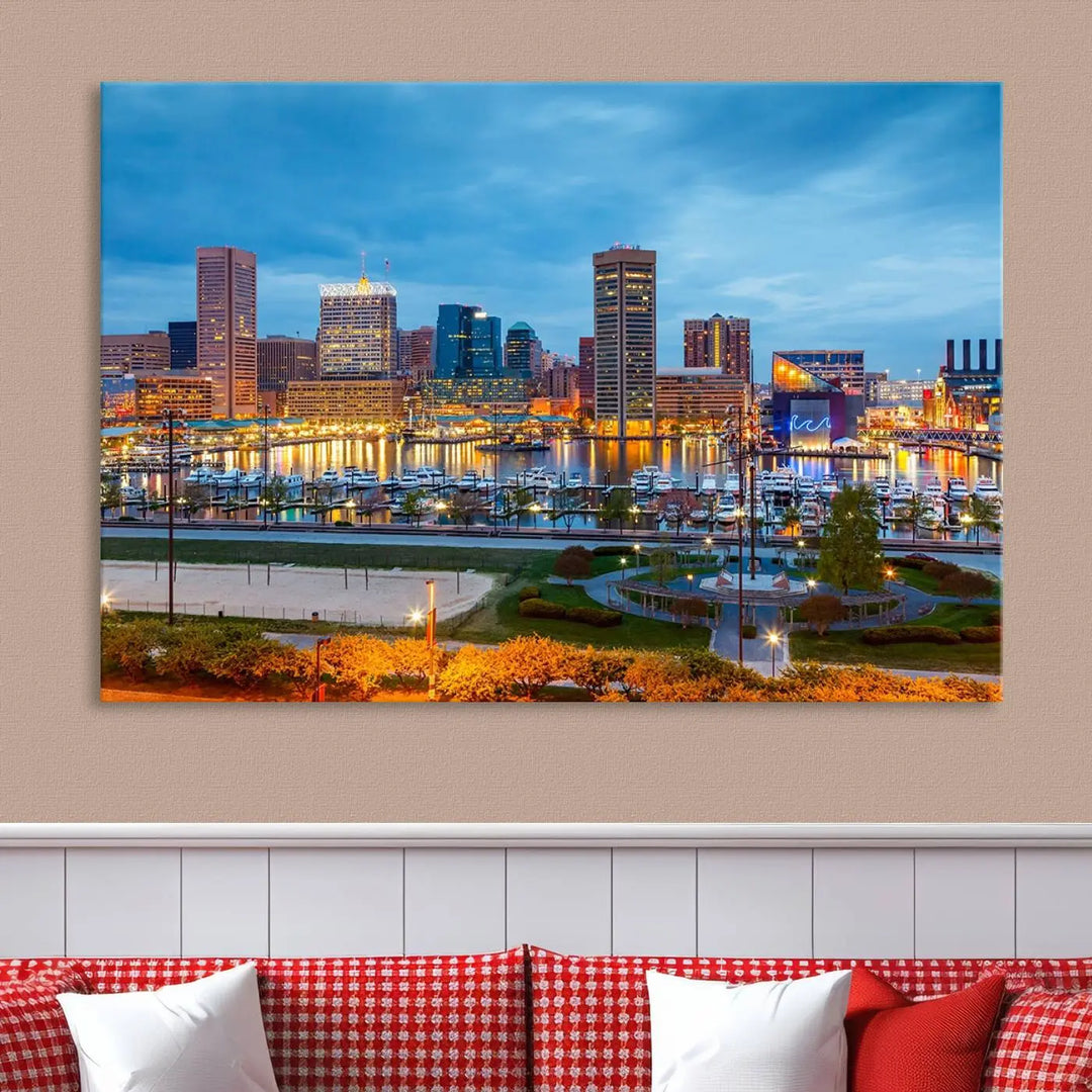 The living room features the "Baltimore City Lights Night Blue Cityscape View Wall Art Canvas Print" on museum-quality canvas. This gallery-wrapped piece includes a UV-protective coating, enhancing its cozy decor in warm, inviting tones.