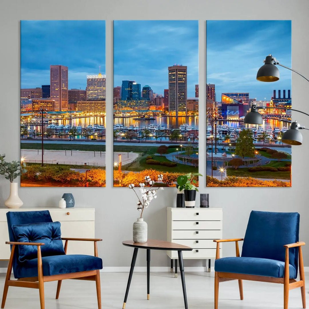 The living room features the "Baltimore City Lights Night Blue Cityscape View Wall Art Canvas Print" on museum-quality canvas. This gallery-wrapped piece includes a UV-protective coating, enhancing its cozy decor in warm, inviting tones.