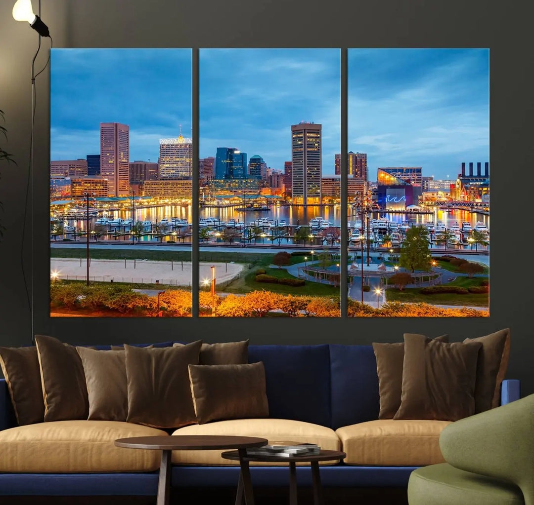 The living room features the "Baltimore City Lights Night Blue Cityscape View Wall Art Canvas Print" on museum-quality canvas. This gallery-wrapped piece includes a UV-protective coating, enhancing its cozy decor in warm, inviting tones.