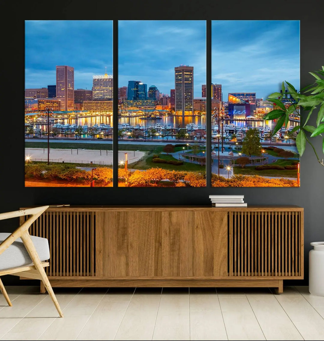 The living room features the "Baltimore City Lights Night Blue Cityscape View Wall Art Canvas Print" on museum-quality canvas. This gallery-wrapped piece includes a UV-protective coating, enhancing its cozy decor in warm, inviting tones.