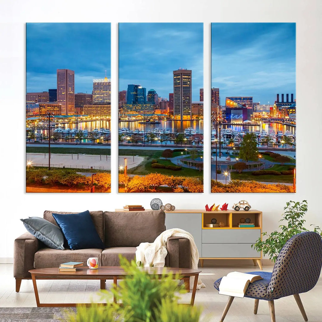 The living room features the "Baltimore City Lights Night Blue Cityscape View Wall Art Canvas Print" on museum-quality canvas. This gallery-wrapped piece includes a UV-protective coating, enhancing its cozy decor in warm, inviting tones.