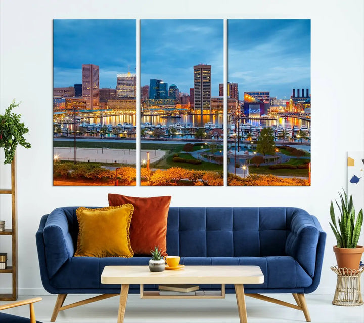 The living room features the "Baltimore City Lights Night Blue Cityscape View Wall Art Canvas Print" on museum-quality canvas. This gallery-wrapped piece includes a UV-protective coating, enhancing its cozy decor in warm, inviting tones.