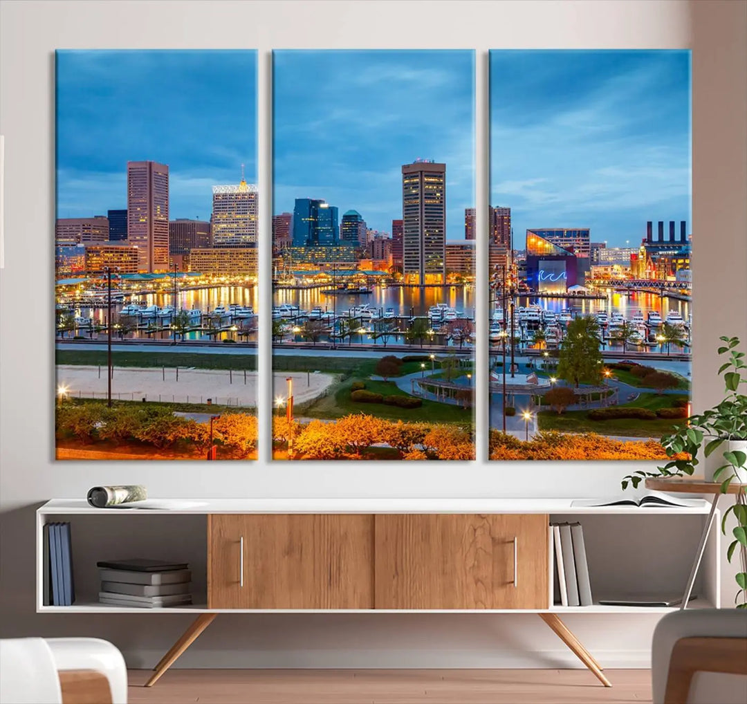 The living room features the "Baltimore City Lights Night Blue Cityscape View Wall Art Canvas Print" on museum-quality canvas. This gallery-wrapped piece includes a UV-protective coating, enhancing its cozy decor in warm, inviting tones.