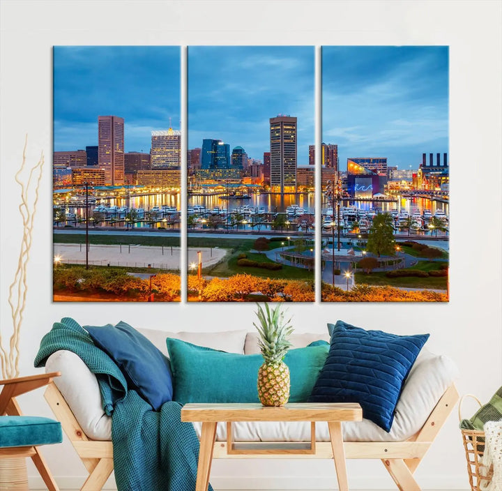 The living room features the "Baltimore City Lights Night Blue Cityscape View Wall Art Canvas Print" on museum-quality canvas. This gallery-wrapped piece includes a UV-protective coating, enhancing its cozy decor in warm, inviting tones.