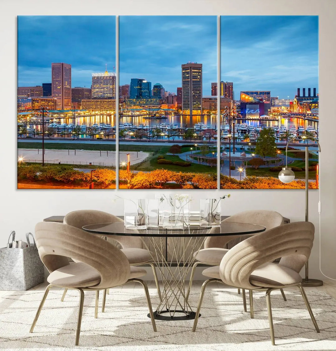 The living room features the "Baltimore City Lights Night Blue Cityscape View Wall Art Canvas Print" on museum-quality canvas. This gallery-wrapped piece includes a UV-protective coating, enhancing its cozy decor in warm, inviting tones.