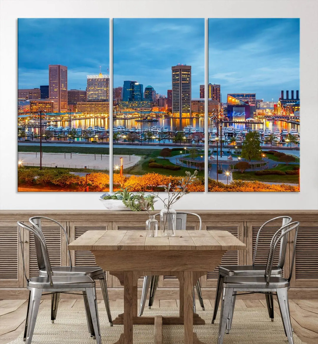 The living room features the "Baltimore City Lights Night Blue Cityscape View Wall Art Canvas Print" on museum-quality canvas. This gallery-wrapped piece includes a UV-protective coating, enhancing its cozy decor in warm, inviting tones.