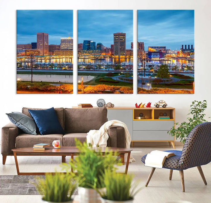 The living room features the "Baltimore City Lights Night Blue Cityscape View Wall Art Canvas Print" on museum-quality canvas. This gallery-wrapped piece includes a UV-protective coating, enhancing its cozy decor in warm, inviting tones.