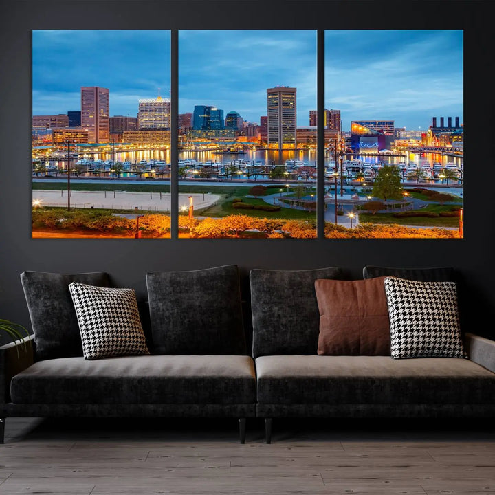 The living room features the "Baltimore City Lights Night Blue Cityscape View Wall Art Canvas Print" on museum-quality canvas. This gallery-wrapped piece includes a UV-protective coating, enhancing its cozy decor in warm, inviting tones.