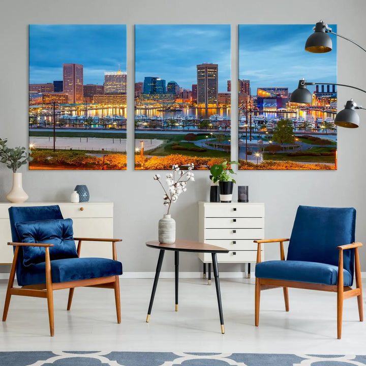 The living room features the "Baltimore City Lights Night Blue Cityscape View Wall Art Canvas Print" on museum-quality canvas. This gallery-wrapped piece includes a UV-protective coating, enhancing its cozy decor in warm, inviting tones.