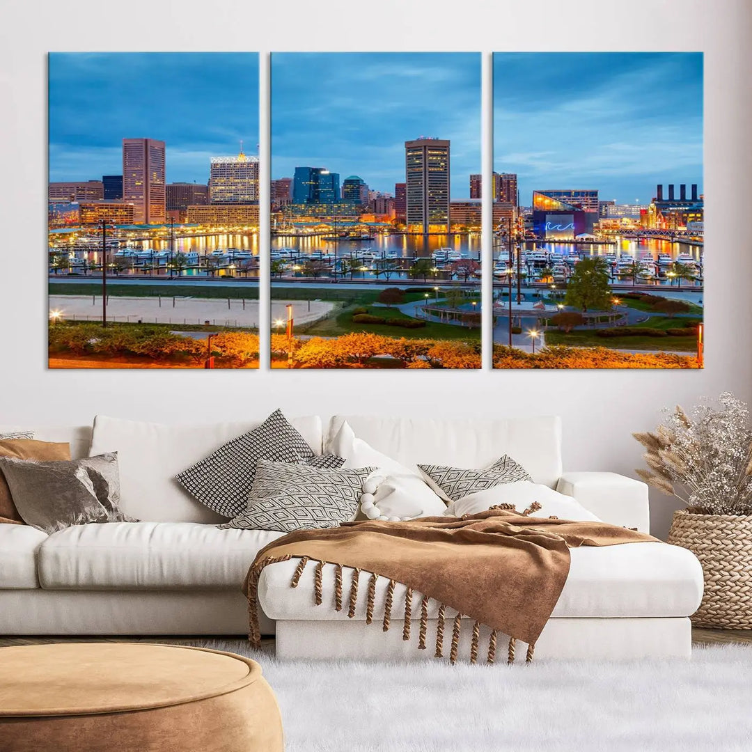 The living room features the "Baltimore City Lights Night Blue Cityscape View Wall Art Canvas Print" on museum-quality canvas. This gallery-wrapped piece includes a UV-protective coating, enhancing its cozy decor in warm, inviting tones.