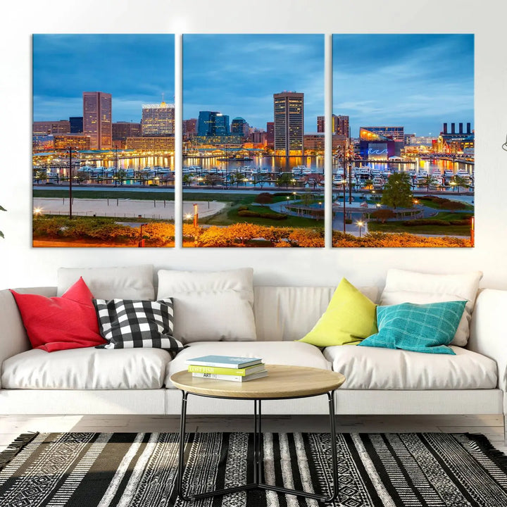 The living room features the "Baltimore City Lights Night Blue Cityscape View Wall Art Canvas Print" on museum-quality canvas. This gallery-wrapped piece includes a UV-protective coating, enhancing its cozy decor in warm, inviting tones.