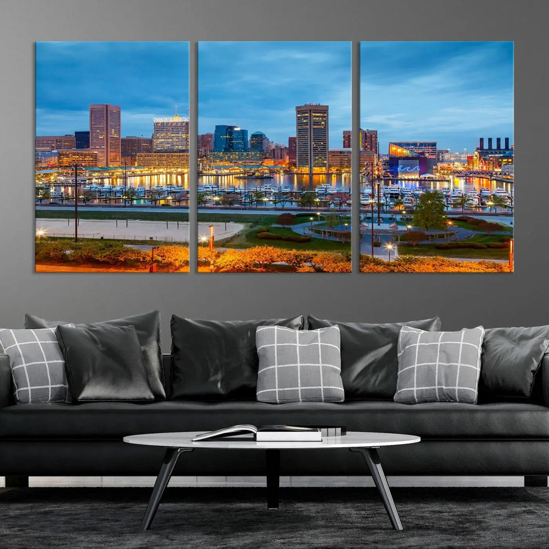 The living room features the "Baltimore City Lights Night Blue Cityscape View Wall Art Canvas Print" on museum-quality canvas. This gallery-wrapped piece includes a UV-protective coating, enhancing its cozy decor in warm, inviting tones.