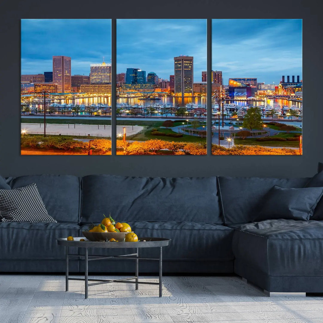 The living room features the "Baltimore City Lights Night Blue Cityscape View Wall Art Canvas Print" on museum-quality canvas. This gallery-wrapped piece includes a UV-protective coating, enhancing its cozy decor in warm, inviting tones.