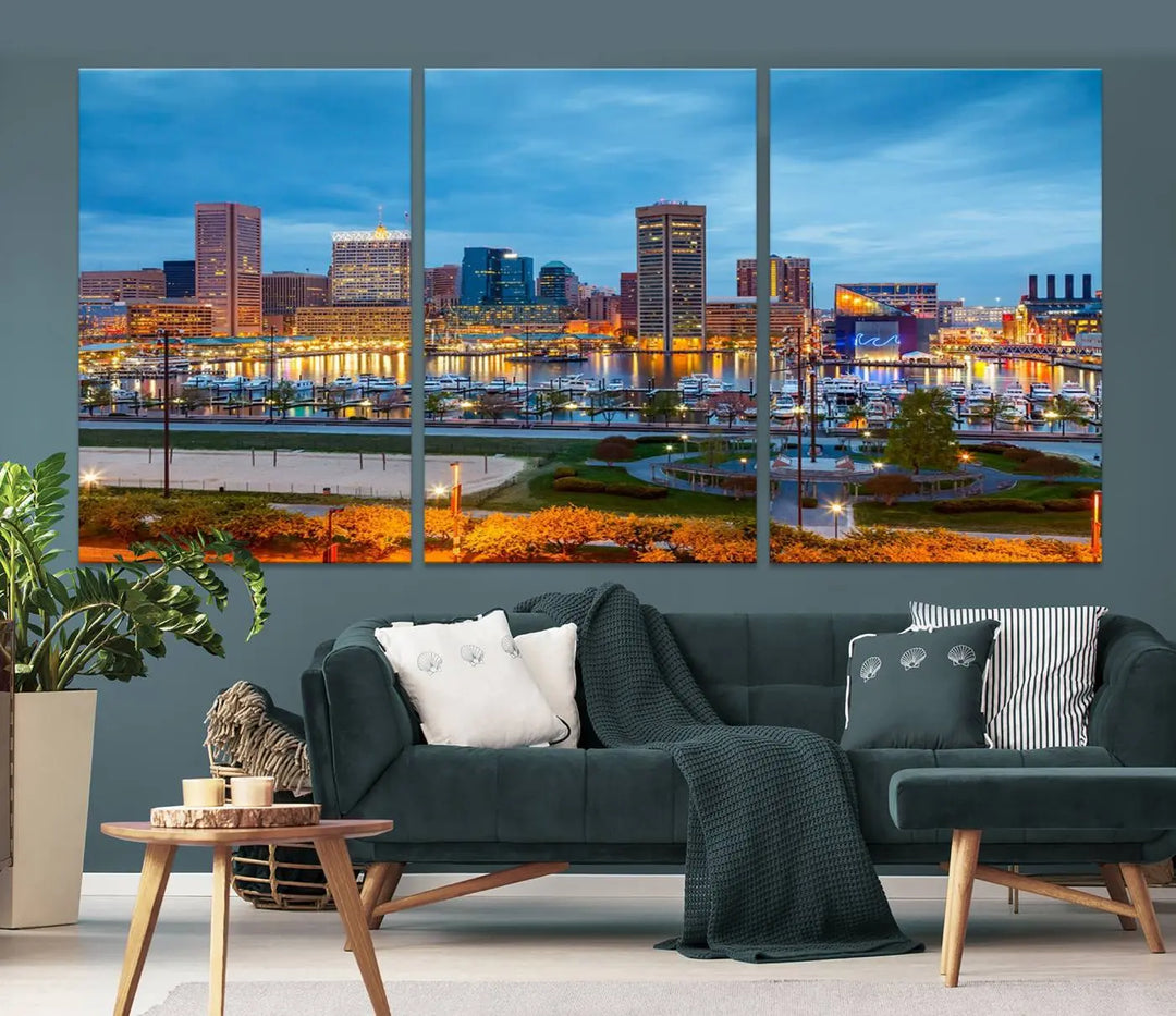 The living room features the "Baltimore City Lights Night Blue Cityscape View Wall Art Canvas Print" on museum-quality canvas. This gallery-wrapped piece includes a UV-protective coating, enhancing its cozy decor in warm, inviting tones.