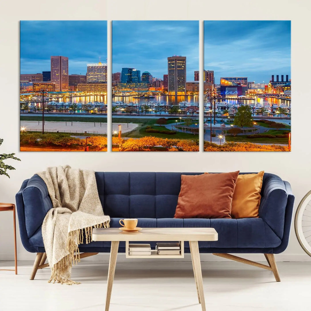 The living room features the "Baltimore City Lights Night Blue Cityscape View Wall Art Canvas Print" on museum-quality canvas. This gallery-wrapped piece includes a UV-protective coating, enhancing its cozy decor in warm, inviting tones.