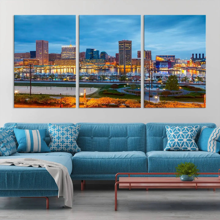 The living room features the "Baltimore City Lights Night Blue Cityscape View Wall Art Canvas Print" on museum-quality canvas. This gallery-wrapped piece includes a UV-protective coating, enhancing its cozy decor in warm, inviting tones.