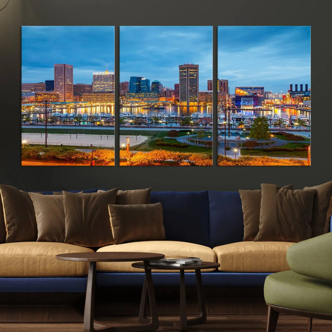 The living room features the "Baltimore City Lights Night Blue Cityscape View Wall Art Canvas Print" on museum-quality canvas. This gallery-wrapped piece includes a UV-protective coating, enhancing its cozy decor in warm, inviting tones.