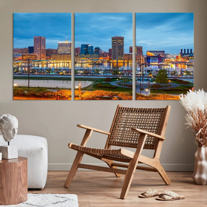 The living room features the "Baltimore City Lights Night Blue Cityscape View Wall Art Canvas Print" on museum-quality canvas. This gallery-wrapped piece includes a UV-protective coating, enhancing its cozy decor in warm, inviting tones.