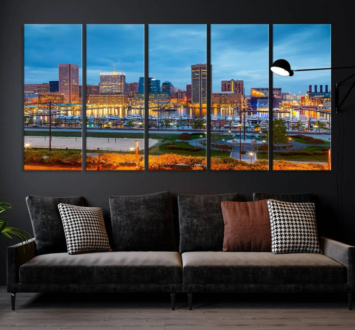 The living room features the "Baltimore City Lights Night Blue Cityscape View Wall Art Canvas Print" on museum-quality canvas. This gallery-wrapped piece includes a UV-protective coating, enhancing its cozy decor in warm, inviting tones.