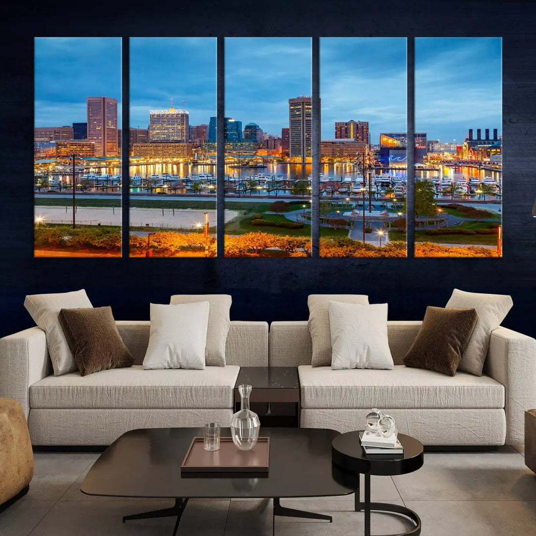 The living room features the "Baltimore City Lights Night Blue Cityscape View Wall Art Canvas Print" on museum-quality canvas. This gallery-wrapped piece includes a UV-protective coating, enhancing its cozy decor in warm, inviting tones.