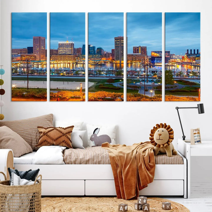 The living room features the "Baltimore City Lights Night Blue Cityscape View Wall Art Canvas Print" on museum-quality canvas. This gallery-wrapped piece includes a UV-protective coating, enhancing its cozy decor in warm, inviting tones.