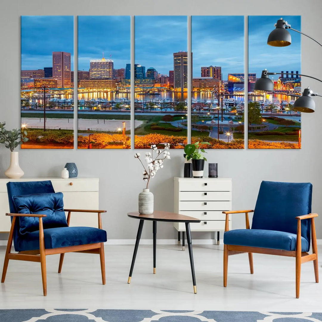 The living room features the "Baltimore City Lights Night Blue Cityscape View Wall Art Canvas Print" on museum-quality canvas. This gallery-wrapped piece includes a UV-protective coating, enhancing its cozy decor in warm, inviting tones.