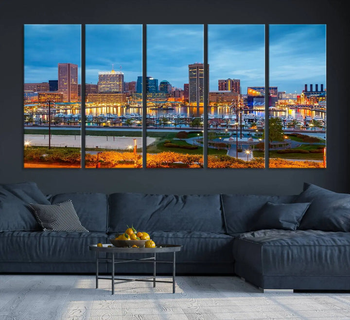 The living room features the "Baltimore City Lights Night Blue Cityscape View Wall Art Canvas Print" on museum-quality canvas. This gallery-wrapped piece includes a UV-protective coating, enhancing its cozy decor in warm, inviting tones.