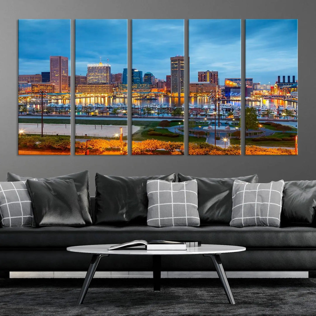 The living room features the "Baltimore City Lights Night Blue Cityscape View Wall Art Canvas Print" on museum-quality canvas. This gallery-wrapped piece includes a UV-protective coating, enhancing its cozy decor in warm, inviting tones.