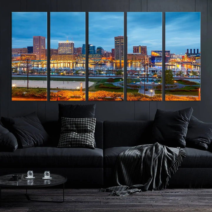 The living room features the "Baltimore City Lights Night Blue Cityscape View Wall Art Canvas Print" on museum-quality canvas. This gallery-wrapped piece includes a UV-protective coating, enhancing its cozy decor in warm, inviting tones.