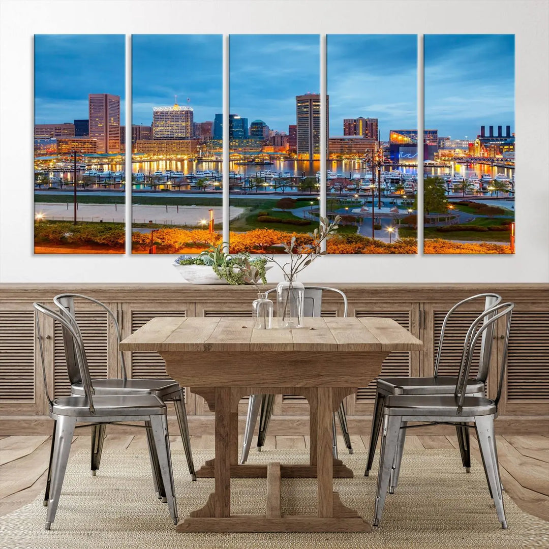 The living room features the "Baltimore City Lights Night Blue Cityscape View Wall Art Canvas Print" on museum-quality canvas. This gallery-wrapped piece includes a UV-protective coating, enhancing its cozy decor in warm, inviting tones.