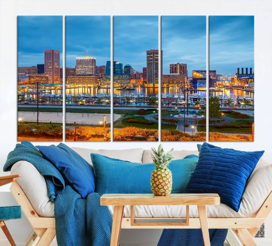 The living room features the "Baltimore City Lights Night Blue Cityscape View Wall Art Canvas Print" on museum-quality canvas. This gallery-wrapped piece includes a UV-protective coating, enhancing its cozy decor in warm, inviting tones.