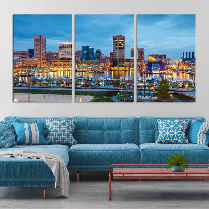 The wall is adorned with the "Baltimore City Lights Night Blue Cloudy Skyline Cityscape View Wall Art Canvas Print," crafted on museum-quality canvas with a UV-protective coating for lasting brilliance.