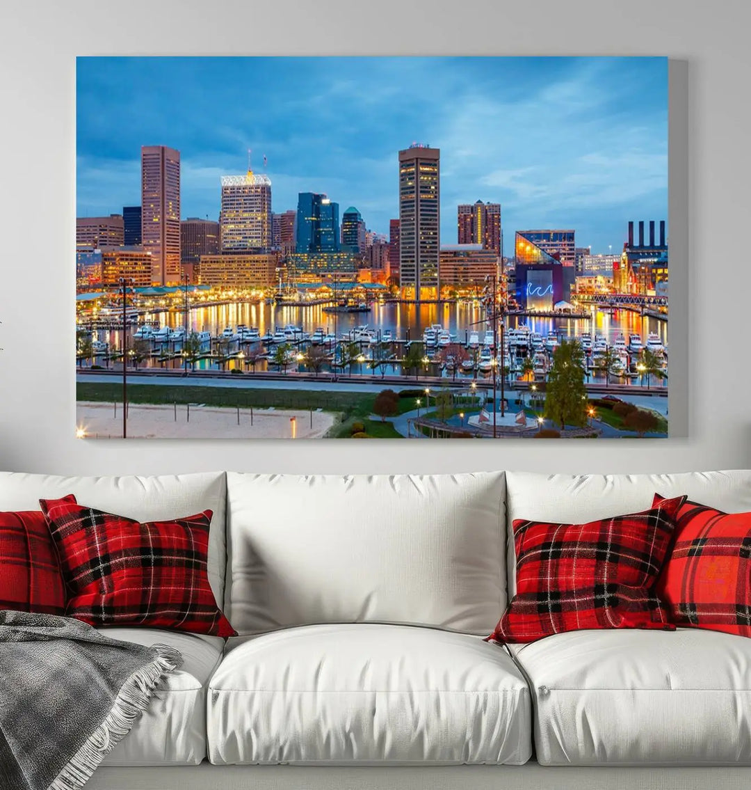 The wall is adorned with the "Baltimore City Lights Night Blue Cloudy Skyline Cityscape View Wall Art Canvas Print," crafted on museum-quality canvas with a UV-protective coating for lasting brilliance.