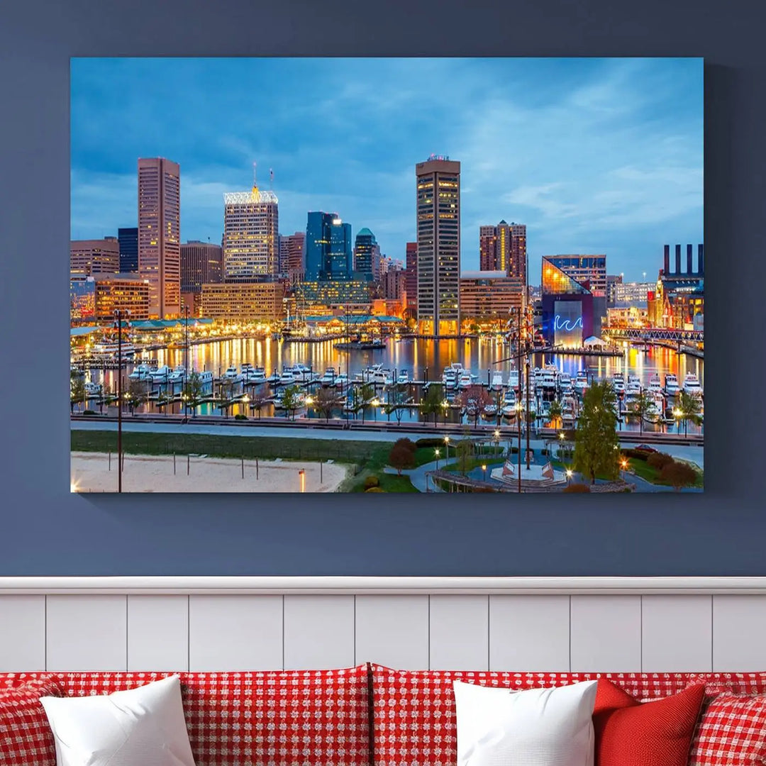 The wall is adorned with the "Baltimore City Lights Night Blue Cloudy Skyline Cityscape View Wall Art Canvas Print," crafted on museum-quality canvas with a UV-protective coating for lasting brilliance.