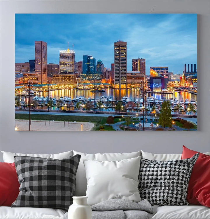 The wall is adorned with the "Baltimore City Lights Night Blue Cloudy Skyline Cityscape View Wall Art Canvas Print," crafted on museum-quality canvas with a UV-protective coating for lasting brilliance.