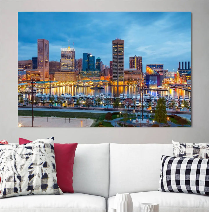 The wall is adorned with the "Baltimore City Lights Night Blue Cloudy Skyline Cityscape View Wall Art Canvas Print," crafted on museum-quality canvas with a UV-protective coating for lasting brilliance.